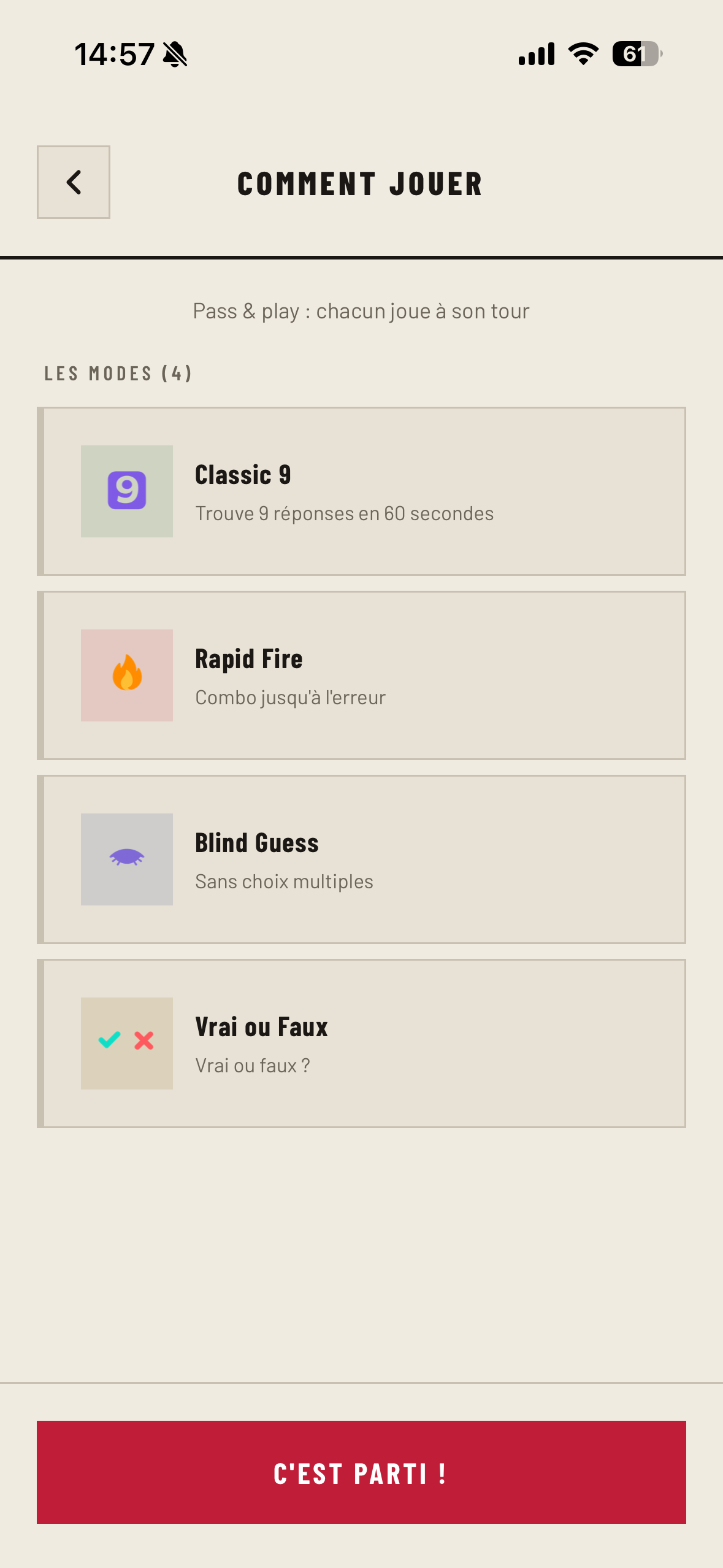 NineOut — Les 4 modes de jeu